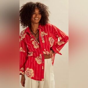 NWT $148 We The Free Flower Shirt - Cherry Combo  XS Oversize